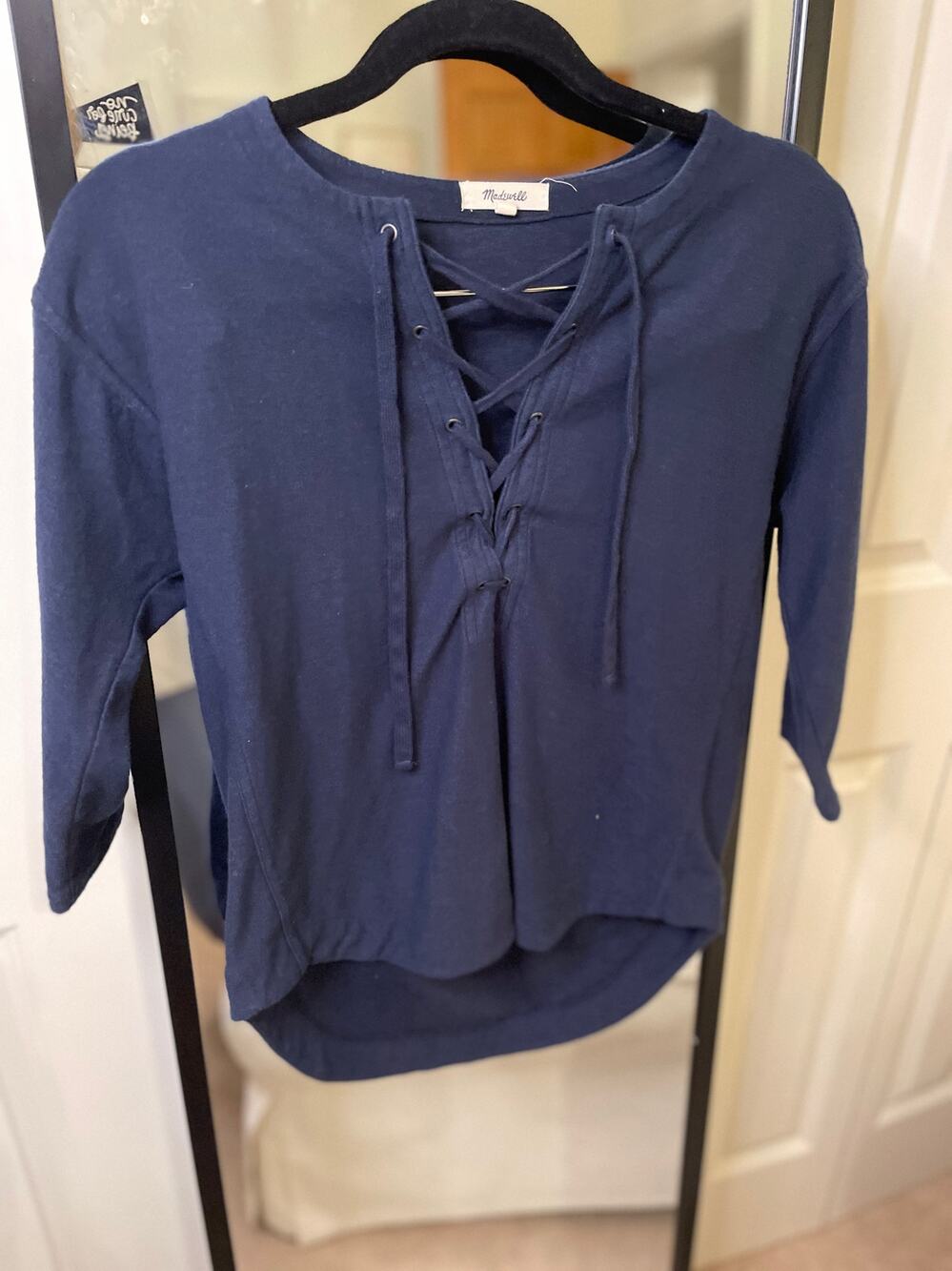 MADEWELL Navy V-Neck Tie Top with 3/4 Sleeves Size XXSmall